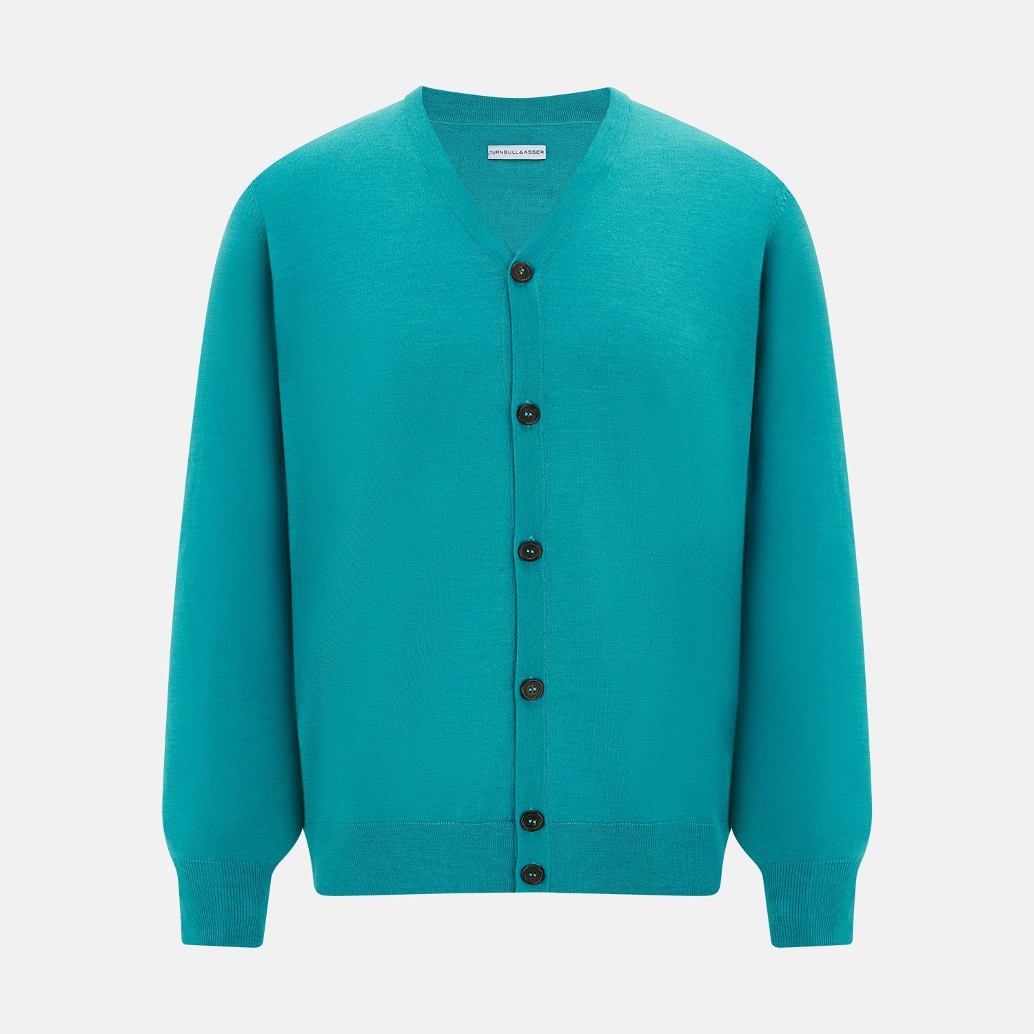 View 1 of product The Turnbull & Asser Turquoise Fine Merino V-Neck Cardigan features long sleeves, ribbed cuffs and hem, and black buttons, showcased against a plain white background.