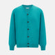 The Turnbull & Asser Turquoise Fine Merino V-Neck Cardigan features long sleeves, ribbed cuffs and hem, and black buttons, showcased against a plain white background.