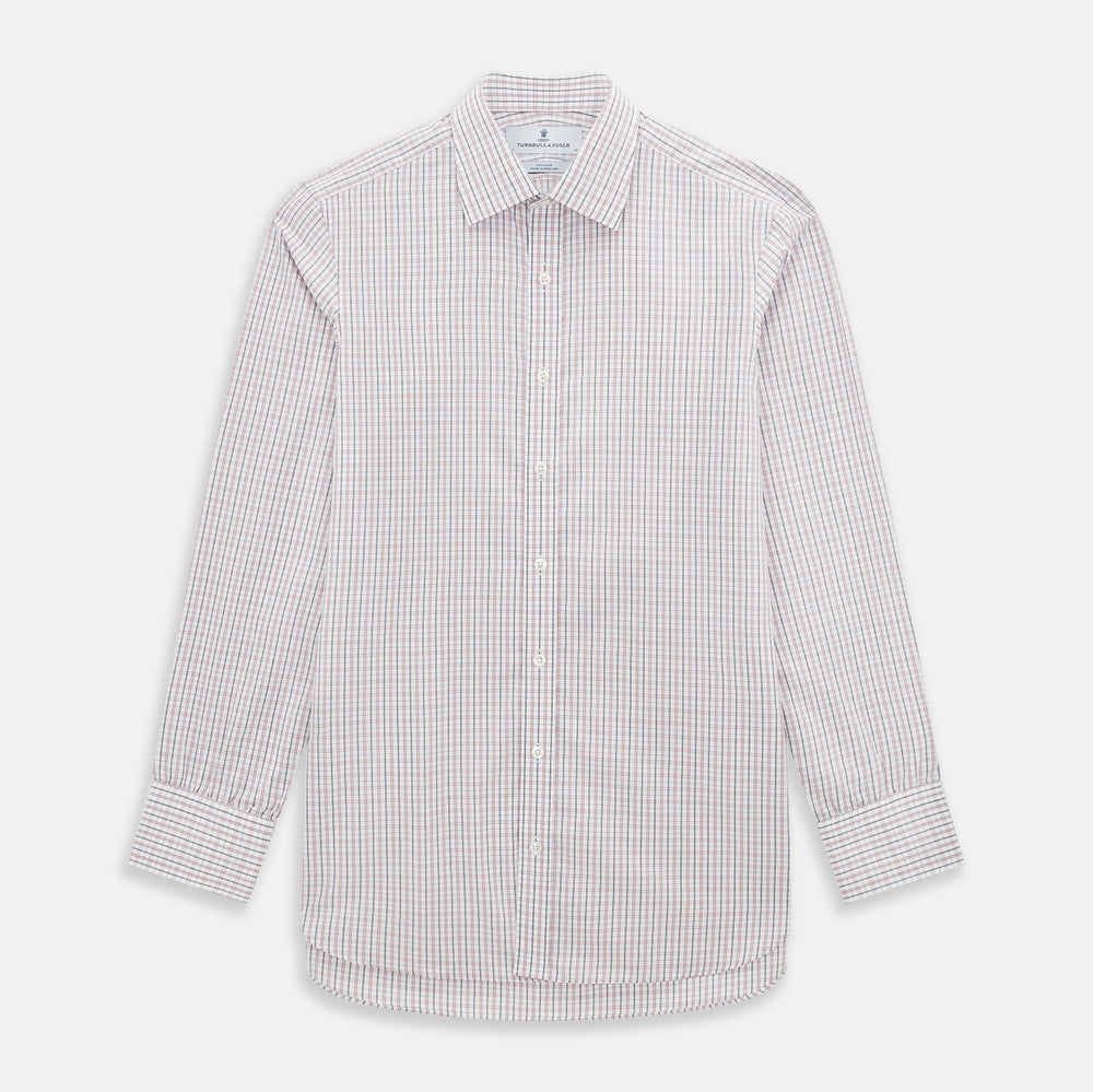The Turnbull & Asser Red and Blue Multi Check Mayfair Shirt is a long-sleeve button-down made from Italian cotton with a white base and a light red and blue check pattern, shown laid flat on a white background.