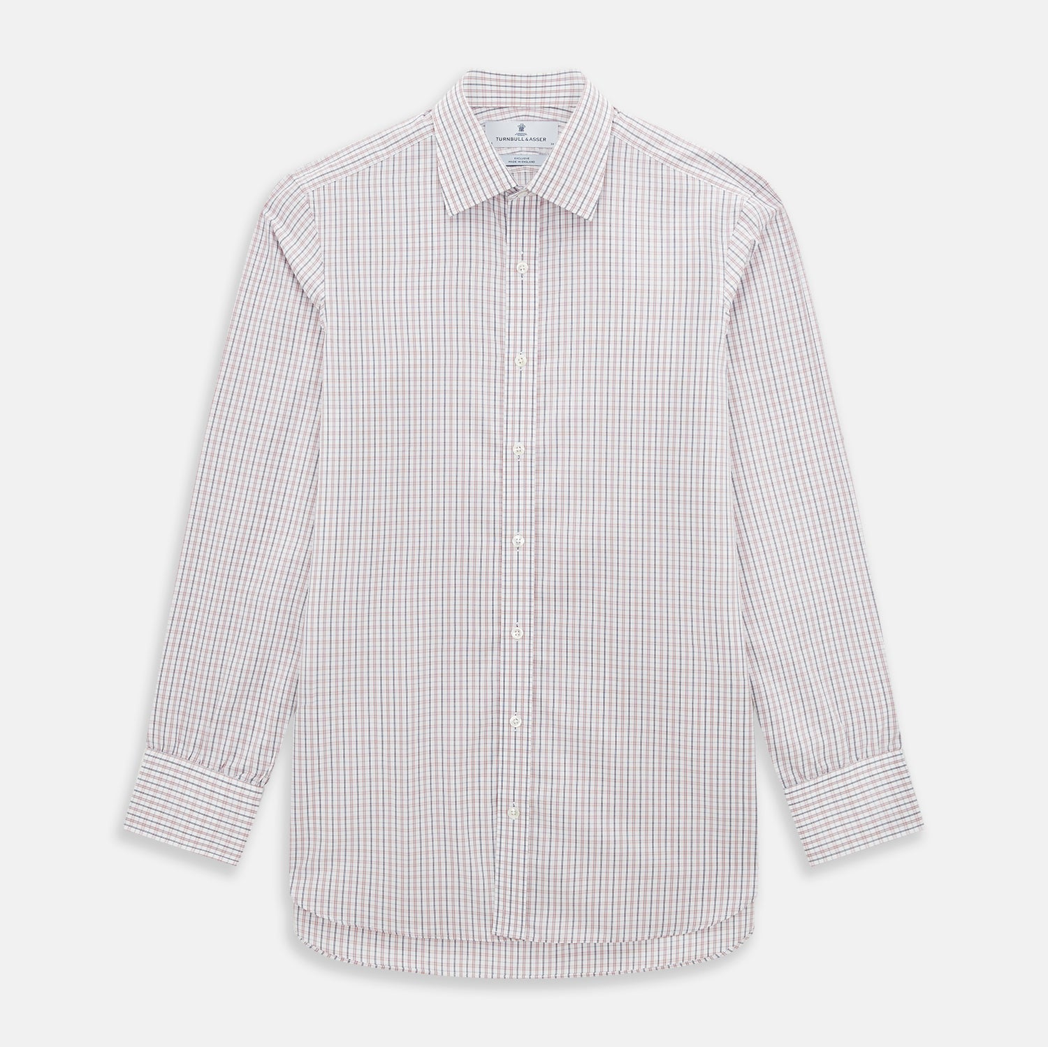 View 1 of product The Turnbull & Asser Red and Blue Multi Check Mayfair Shirt is a long-sleeve button-down made from Italian cotton with a white base and a light red and blue check pattern, shown laid flat on a white background.