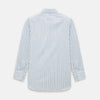 View 3 of product The SAPPHIRE BLUE MULTI TRACK STRIPE WINDSOR SHIRT by Turnbull & Asser features long sleeves, button-up front, classic collar, blue and white vertical stripes, buttoned cuffs, and showcases British craftsmanship on a white background.