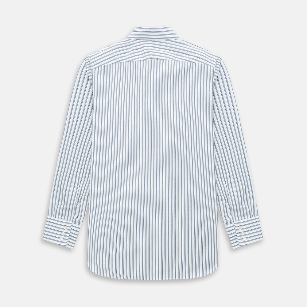 The SAPPHIRE BLUE MULTI TRACK STRIPE WINDSOR SHIRT by Turnbull & Asser features long sleeves, button-up front, classic collar, blue and white vertical stripes, buttoned cuffs, and showcases British craftsmanship on a white background.