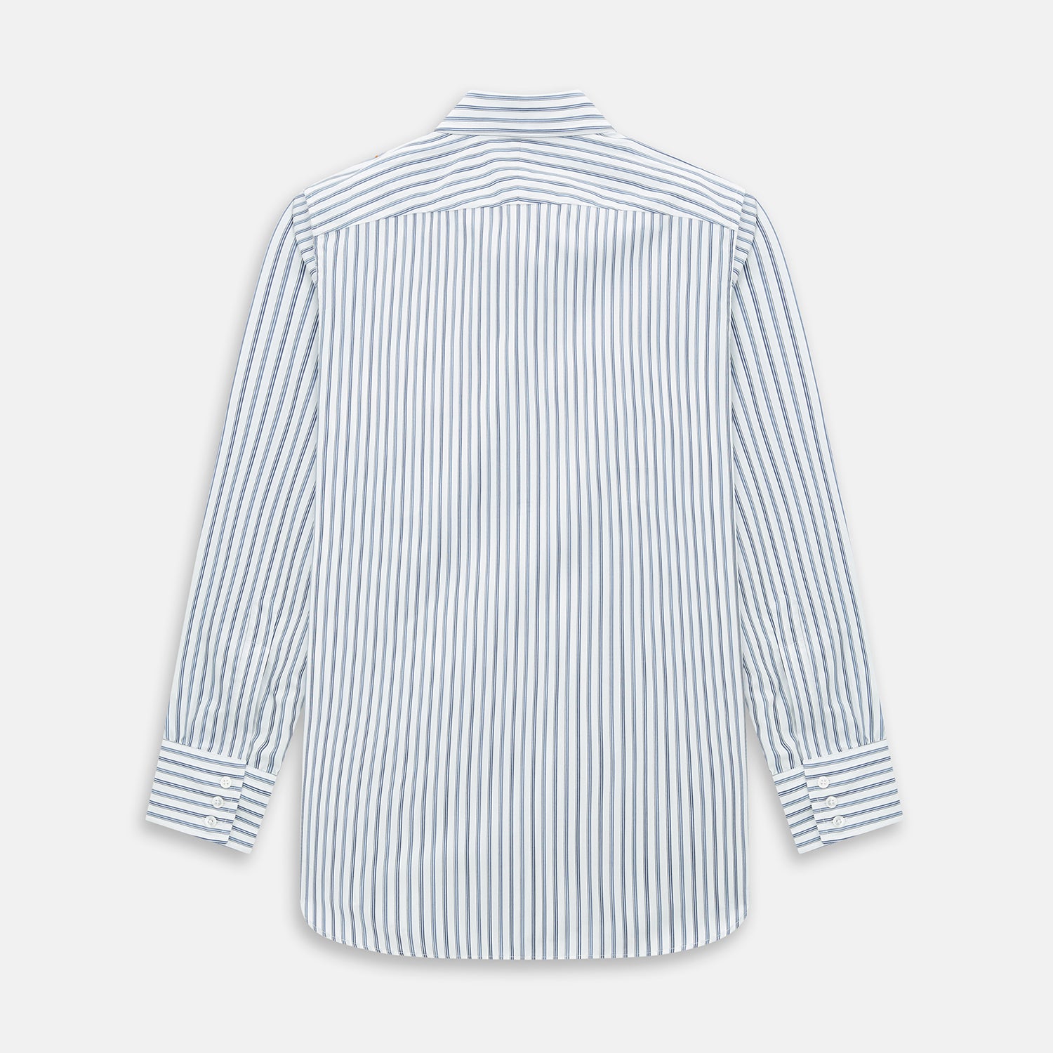 View 3 of product The SAPPHIRE BLUE MULTI TRACK STRIPE WINDSOR SHIRT by Turnbull & Asser features long sleeves, button-up front, classic collar, blue and white vertical stripes, buttoned cuffs, and showcases British craftsmanship on a white background.