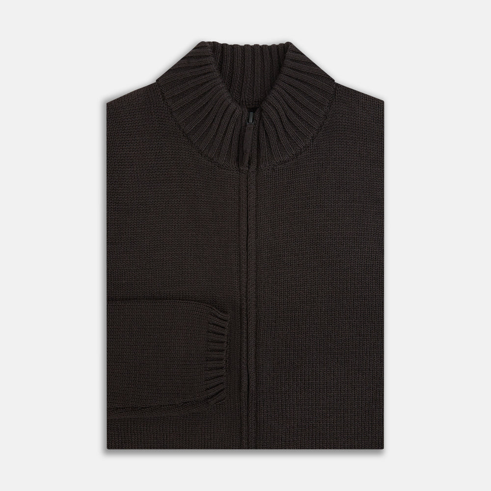 The Brown Merino High Neck Zipped Cardigan by Turnbull & Asser features long sleeves, ribbed cuffs and hem, and is shown on a white background as part of our knitwear collection.