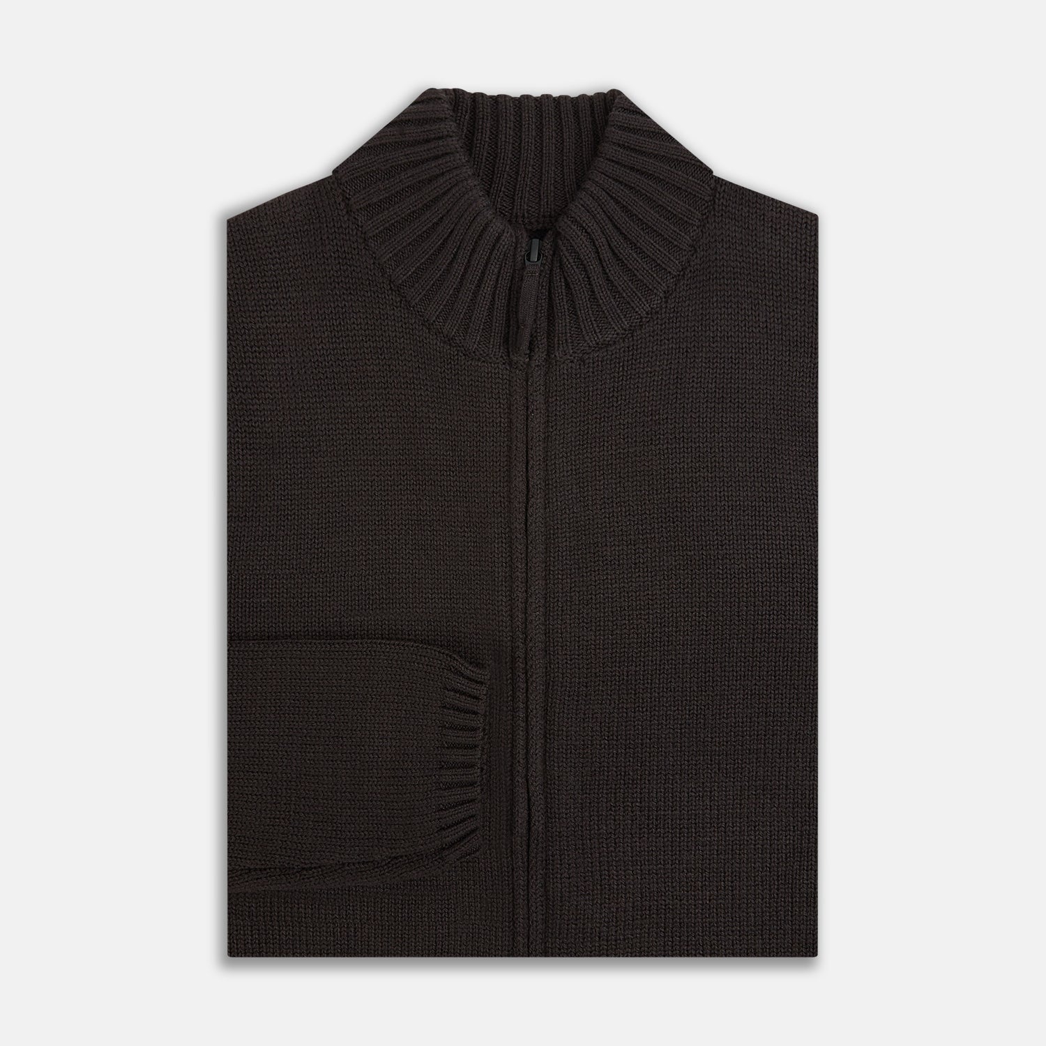 View 4 of product The Brown Merino High Neck Zipped Cardigan by Turnbull & Asser features long sleeves, ribbed cuffs and hem, and is shown on a white background as part of our knitwear collection.