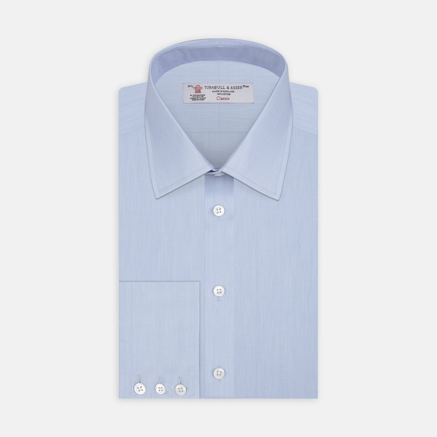 View 1 of product The Turnbull & Asser Light Blue End-on-End Shirt features a T&A collar and 3-button cuffs, neatly displayed against a plain white background—ideal for pairing with a navy suit.