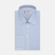 The Turnbull & Asser Light Blue End-on-End Shirt features a T&A collar and 3-button cuffs, neatly displayed against a plain white background—ideal for pairing with a navy suit.
