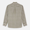 View 5 of product The Turnbull & Asser Green and Oatmeal Multi Check Cotton Weekend Fit Hayne Shirt features a button-down collar and green, beige, and white plaid pattern, shown flat against a white background.