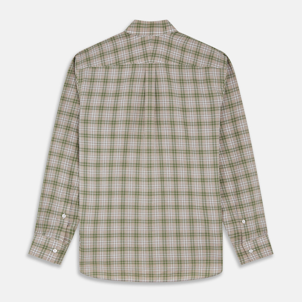 The Turnbull & Asser Green and Oatmeal Multi Check Cotton Weekend Fit Hayne Shirt features a button-down collar and green, beige, and white plaid pattern, shown flat against a white background.