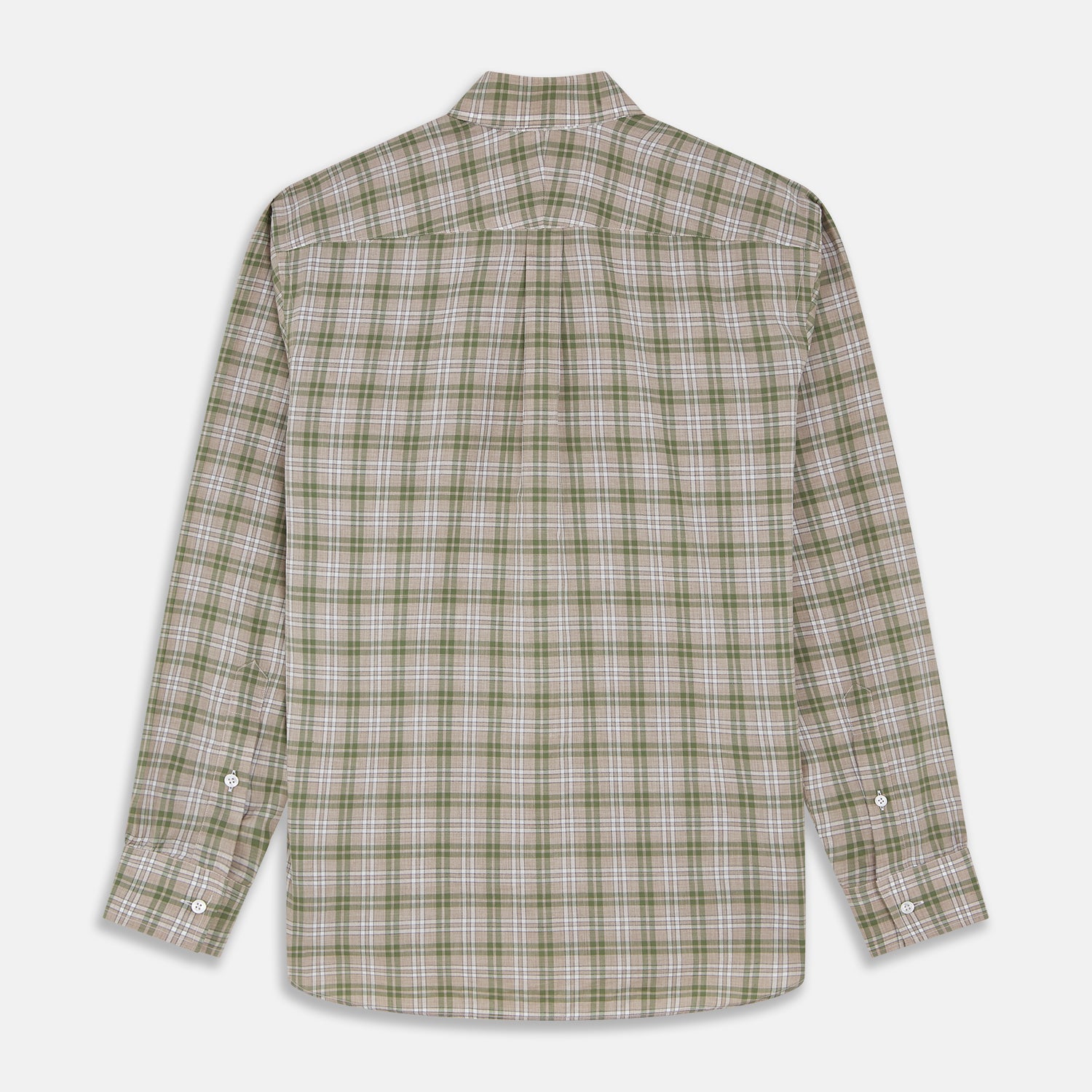 View 5 of product The Turnbull & Asser Green and Oatmeal Multi Check Cotton Weekend Fit Hayne Shirt features a button-down collar and green, beige, and white plaid pattern, shown flat against a white background.