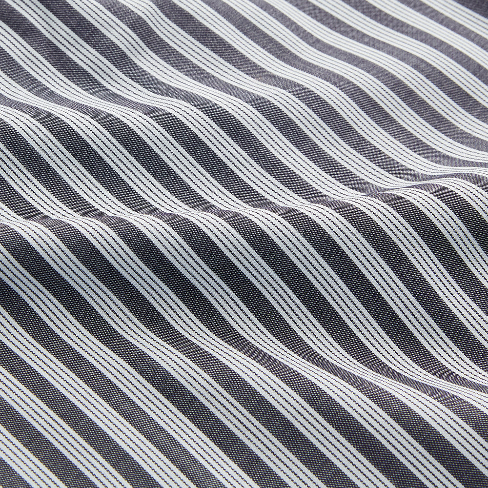 The Turnbull & Asser Navy Multi Stripe Weekend Fit Wool Shirt features a Derby collar, 1 button cuffs, and bold multicolored stripes, shown laid flat on a plain background.