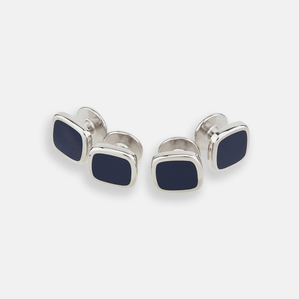 Turnbull & Asser Navy Rounded Square Dress Studs, set of four, displayed on a white background—ideal for formal occasions.