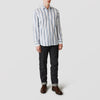 View 2 of product The Turnbull & Asser Blue, Green & White Stripe Weekend Fit Shirt features a Derby collar, 1-button cuffs, and a classic striped design—ideal for winter layering. Displayed on a plain white background.