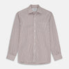 View 1 of product The Turnbull & Asser Burgundy Stripe Weekend Fit Shirt features a Derby collar, 1-button cuffs, and vertical burgundy and white stripes, shown laid flat on a plain light background.