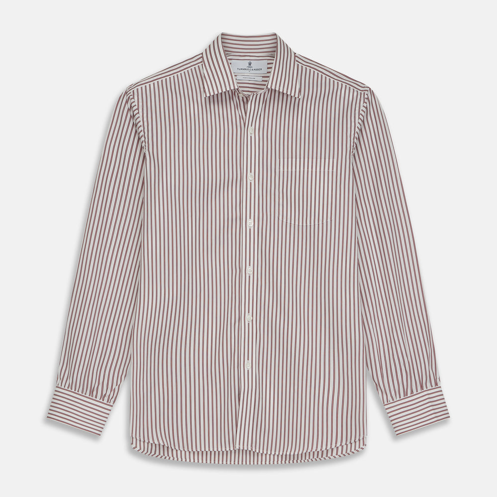 The Turnbull & Asser Burgundy Stripe Weekend Fit Shirt features a Derby collar, 1-button cuffs, and vertical burgundy and white stripes, shown laid flat on a plain light background.