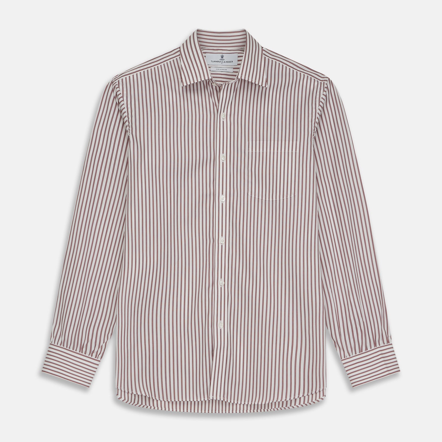 View 1 of product The Turnbull & Asser Burgundy Stripe Weekend Fit Shirt features a Derby collar, 1-button cuffs, and vertical burgundy and white stripes, shown laid flat on a plain light background.