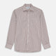The Turnbull & Asser Burgundy Stripe Weekend Fit Shirt features a Derby collar, 1-button cuffs, and vertical burgundy and white stripes, shown laid flat on a plain light background.
