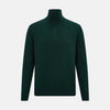 View 1 of product The Turnbull & Asser Forest Green Half-Zip Cashmere Jumper features a long-sleeve design and high collar with a sleek half-zip front, shown against a plain white background.