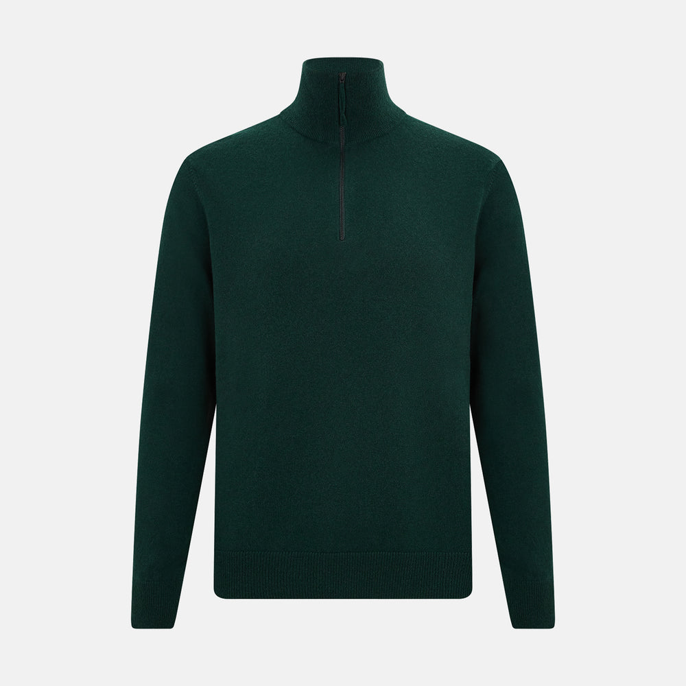 The Turnbull & Asser Forest Green Half-Zip Cashmere Jumper features a long-sleeve design and high collar with a sleek half-zip front, shown against a plain white background.