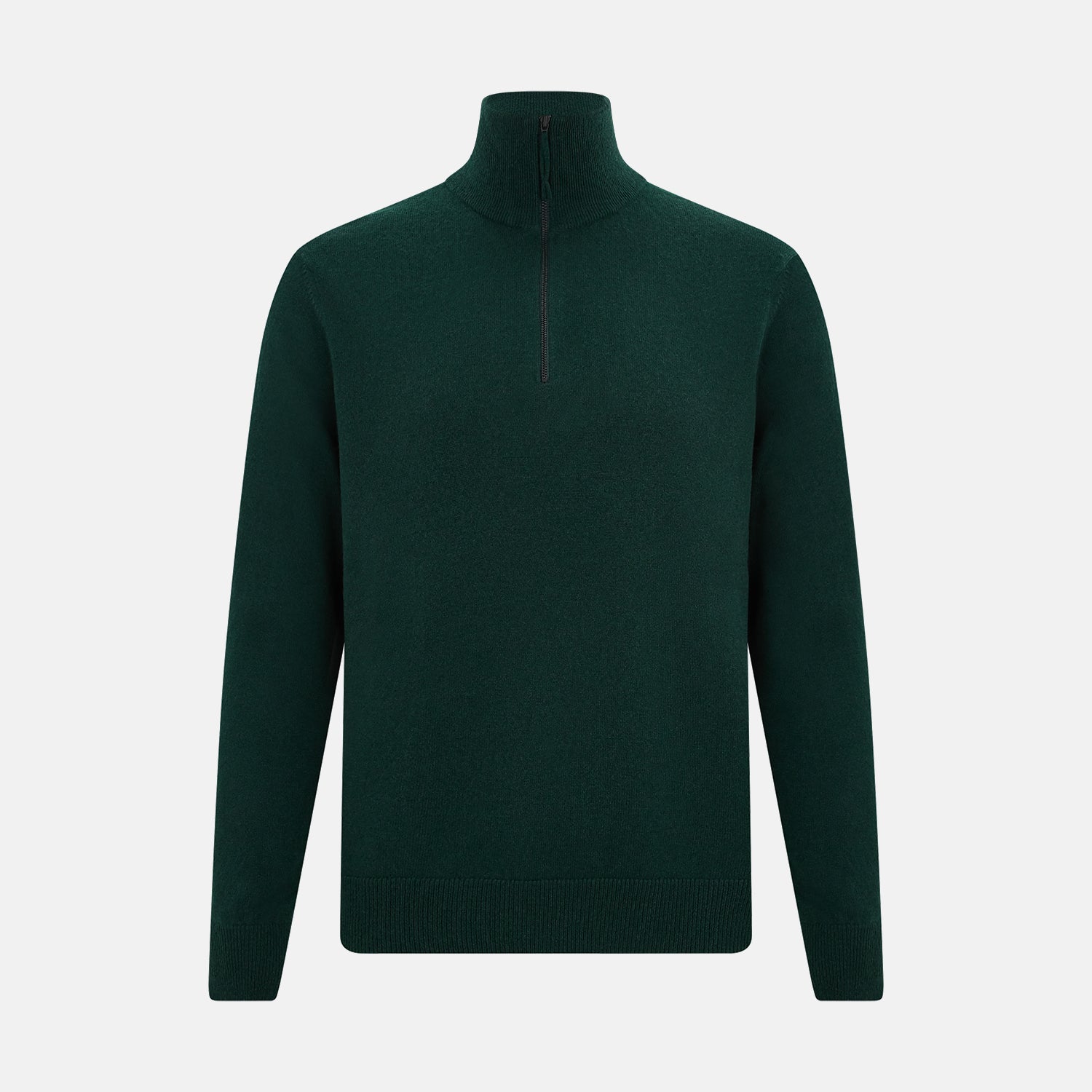 View 1 of product The Turnbull & Asser Forest Green Half-Zip Cashmere Jumper features a long-sleeve design and high collar with a sleek half-zip front, shown against a plain white background.
