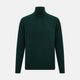 The Turnbull & Asser Forest Green Half-Zip Cashmere Jumper features a long-sleeve design and high collar with a sleek half-zip front, shown against a plain white background.