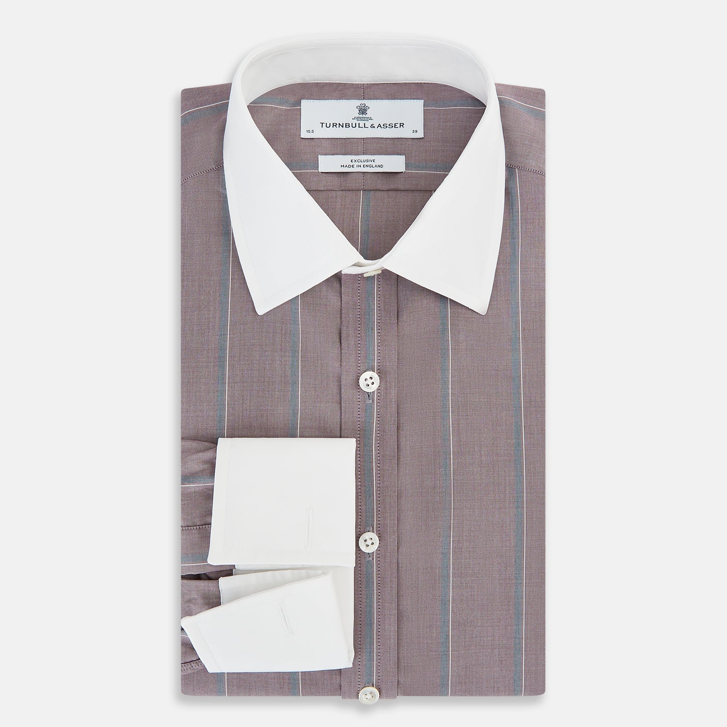 View 5 of product The Turnbull & Asser Light Porto Red Track Stripe Shirt features a Mayfair fit and contrast white T&A collar and cuffs, with vertical blue stripes on mauve, exemplifying British craftsmanship.