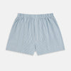 View 1 of product Turnbull & Asser Blue Bengal Stripe Godfrey Boxer Shorts: men's luxury Italian cotton boxers with a light blue and white vertical stripe and elastic waistband, shown flat on a white background.