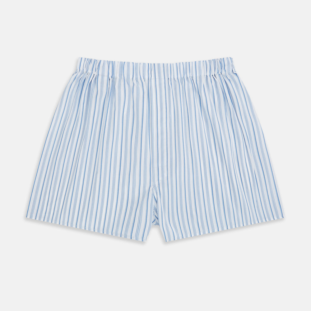 The Blue Multi Stripe Godfrey Boxer Shorts by Turnbull & Asser, crafted from premium Italian cotton with an elastic waistband, are shown flat on a white background—ideal for those seeking luxury men's underwear.