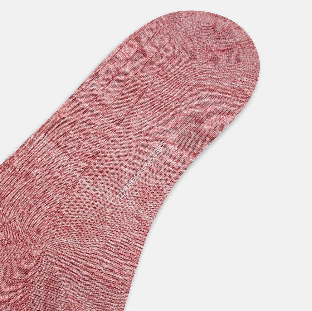 The image displays a single Turnbull & Asser Burgundy Linen Mid-Length Sock, upright as if worn on a foot, set against a plain white background.