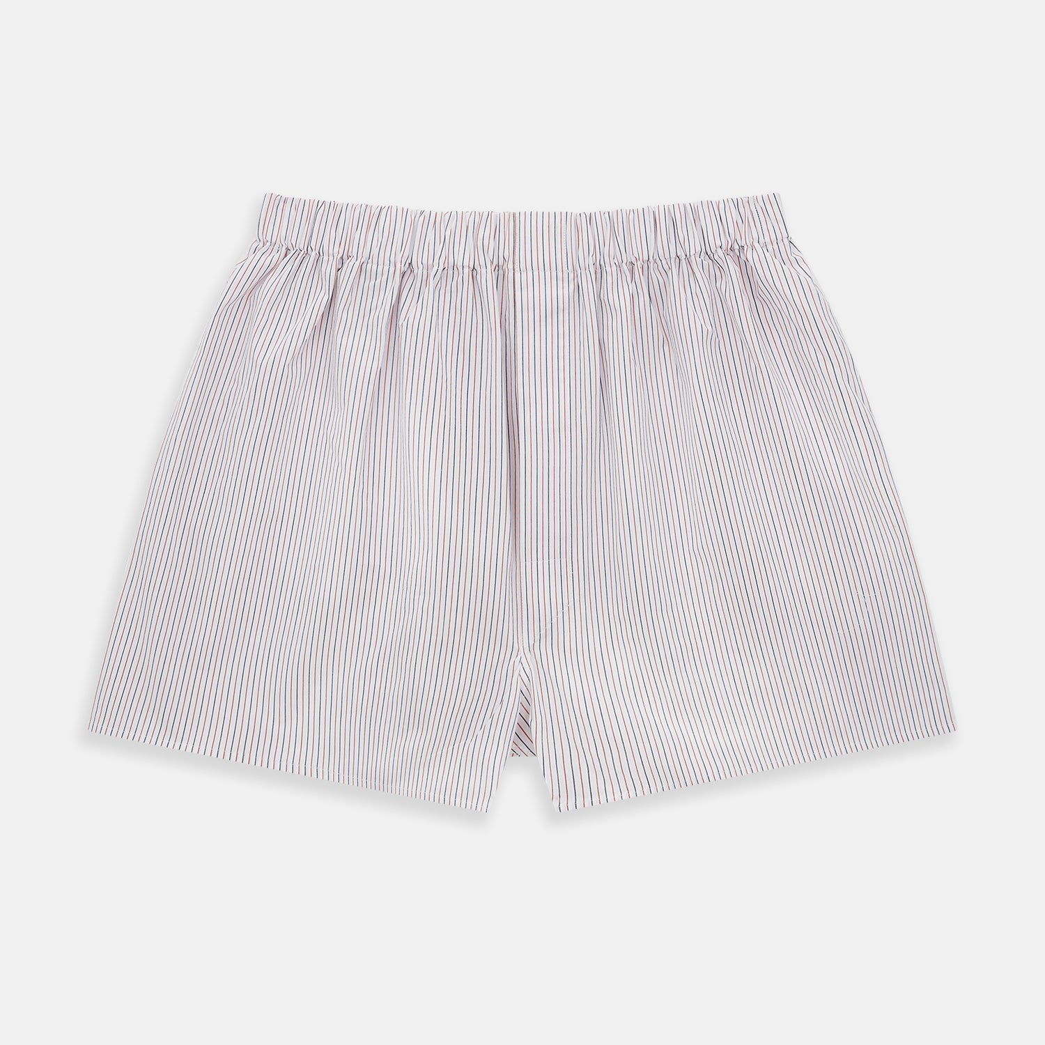 View 1 of product Red and black vertically striped Godfrey boxer shorts by Turnbull & Asser, crafted from soft Italian cotton with an elastic waistband, displayed flat on a white background.