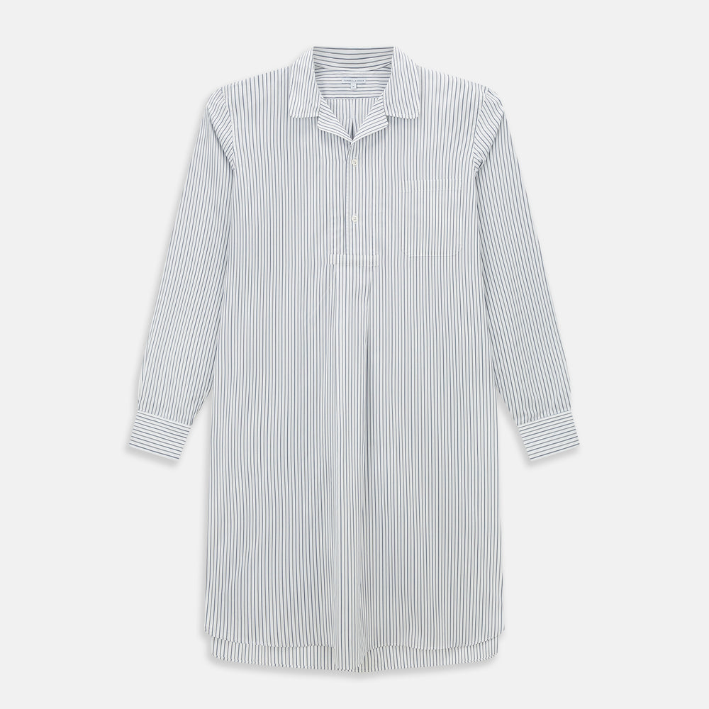 The Brown Multi Stripe Quarzo Nightshirt by Turnbull & Asser is a long-sleeve, knee-length Italian cotton nightshirt with brown and blue stripes, a collar, button placket, chest pocket, and cuffs. The dress is laid flat on a white background.