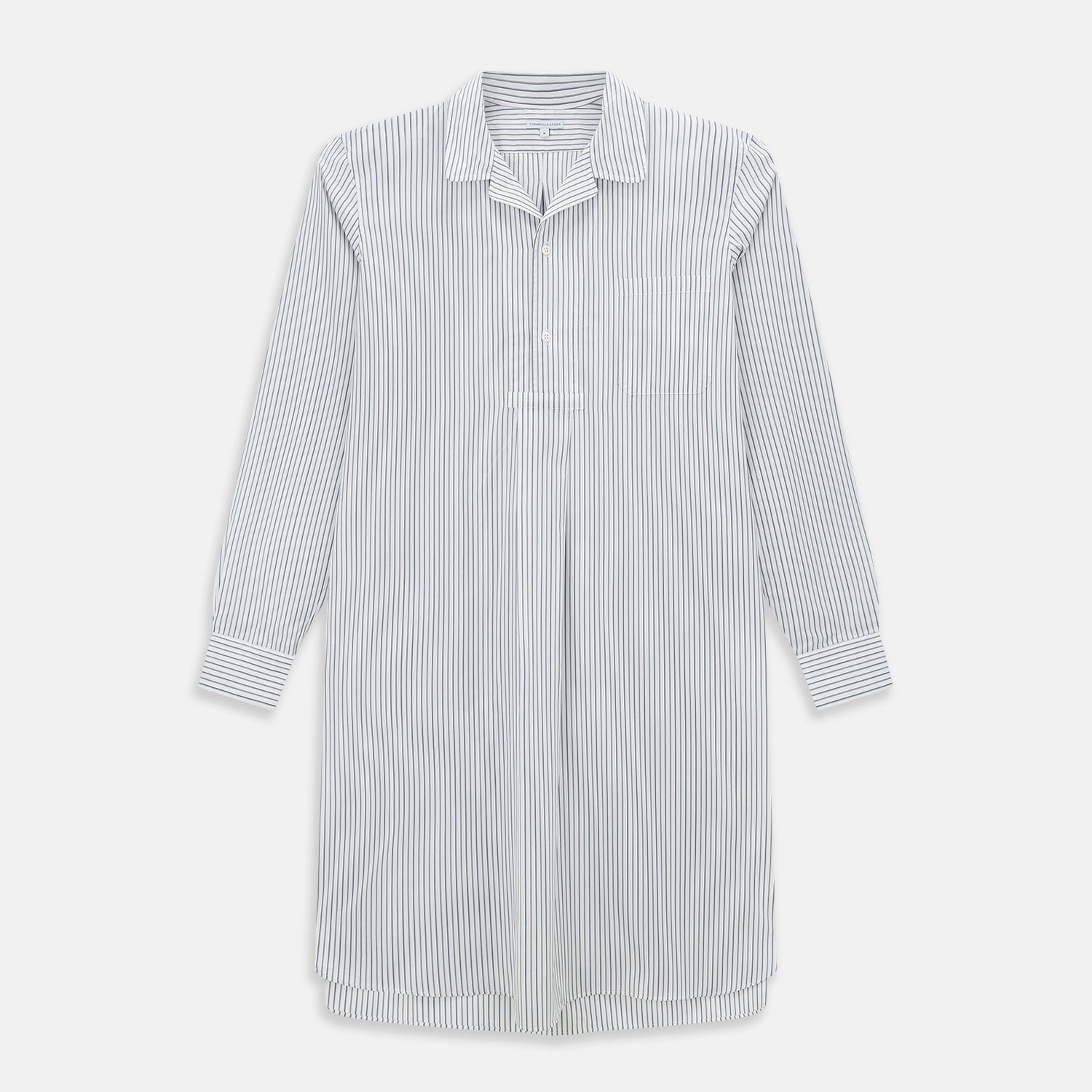 View 1 of product The Brown Multi Stripe Quarzo Nightshirt by Turnbull & Asser is a long-sleeve, knee-length Italian cotton nightshirt with brown and blue stripes, a collar, button placket, chest pocket, and cuffs. The dress is laid flat on a white background.