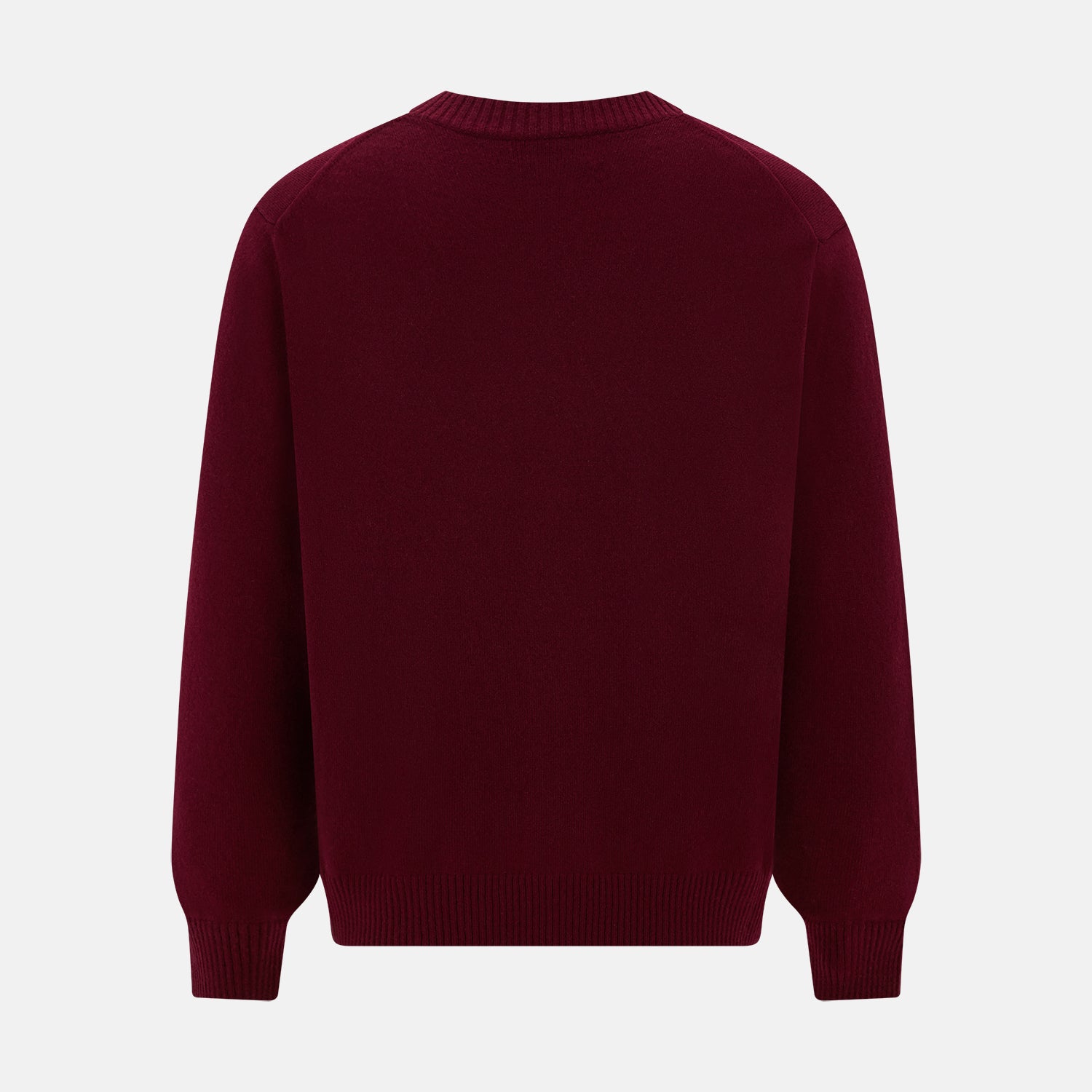 View 3 of product The Turnbull & Asser Burgundy Cashmere Cardigan features a V-neck, ribbed cuffs and hem, two front pockets, and a classic button-up design, shown on a plain white background.