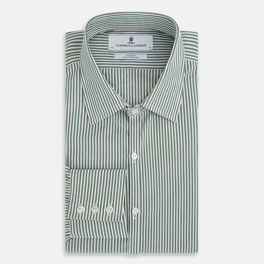 The Melon Green Halo Stripe Westminster Shirt by Turnbull & Asser, featuring thin green and white stripes and a classic Turnbull collar, is displayed against a plain white background—a testament to refined British craftsmanship.
