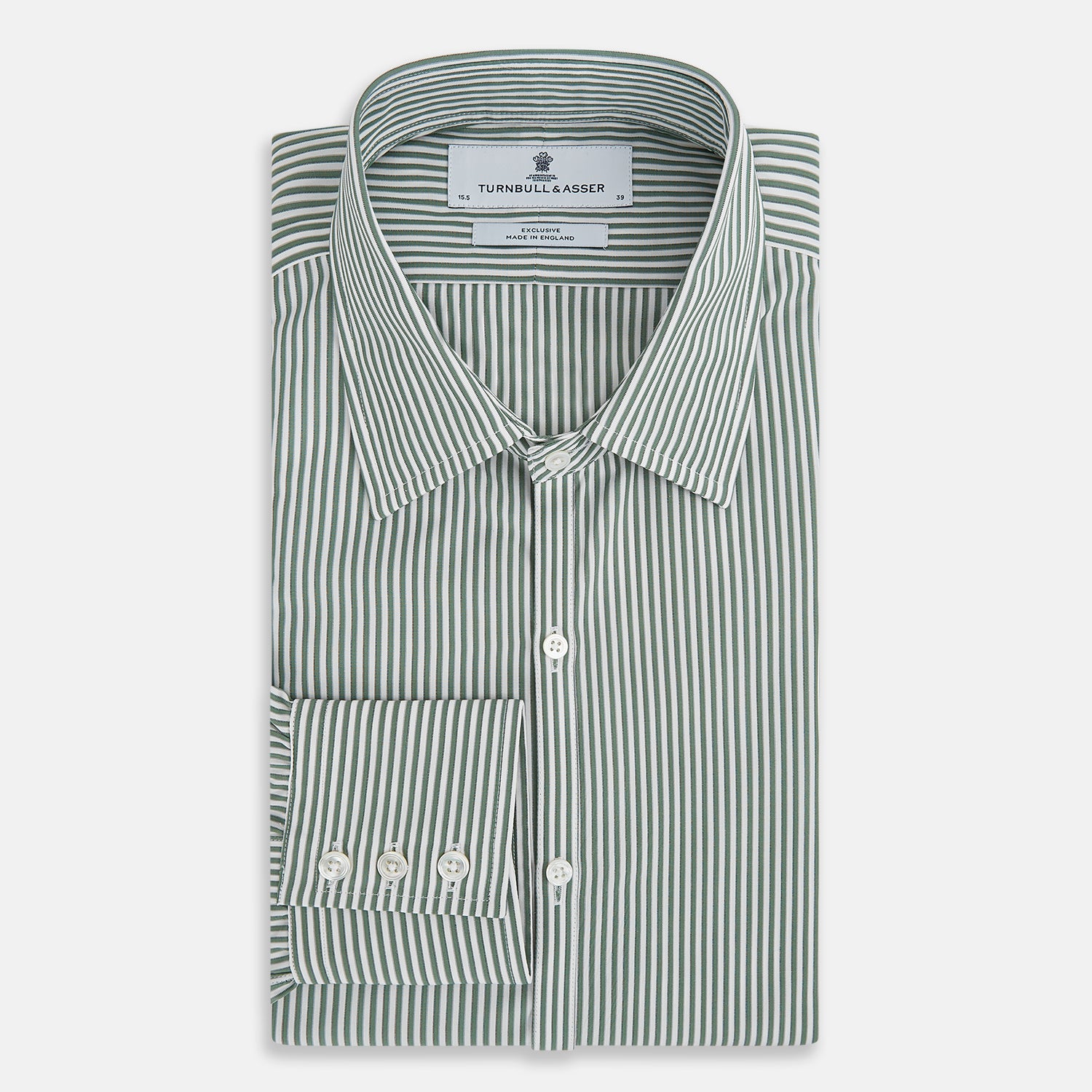 View 5 of product The Melon Green Halo Stripe Westminster Shirt by Turnbull & Asser, featuring thin green and white stripes and a classic Turnbull collar, is displayed against a plain white background—a testament to refined British craftsmanship.