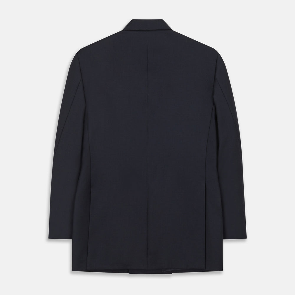 The Classic Navy Wool Blazer by Turnbull & Asser is a nautical double-breasted jacket with gold buttons, peaked lapels, three front pockets on one side, one on the other, and four gold buttons per cuff, shown against a white background.