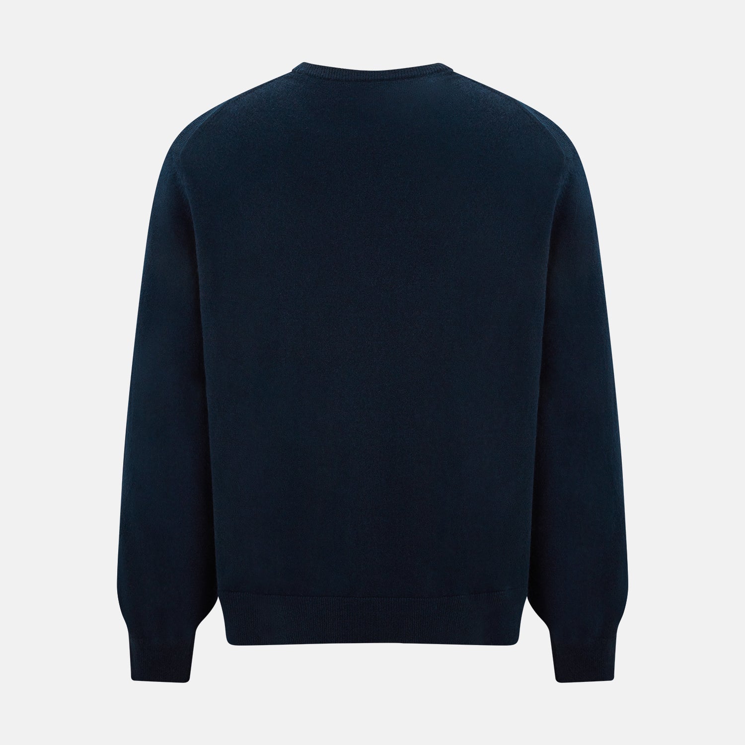 View 3 of product The Turnbull & Asser Navy Cashmere Round Neck Jumper for men is shown against a white background, featuring long sleeves, a relaxed fit, and ribbed cuffs, hem, and collar for an effortlessly elegant look.