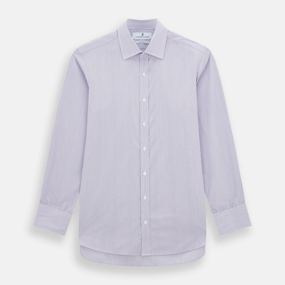 The Lilac Halo Stripe Mayfair Shirt by Turnbull & Asser features a relaxed Mayfair fit, white buttons, a pointed collar, and a subtle lilac stripe pattern for timeless sophistication.
