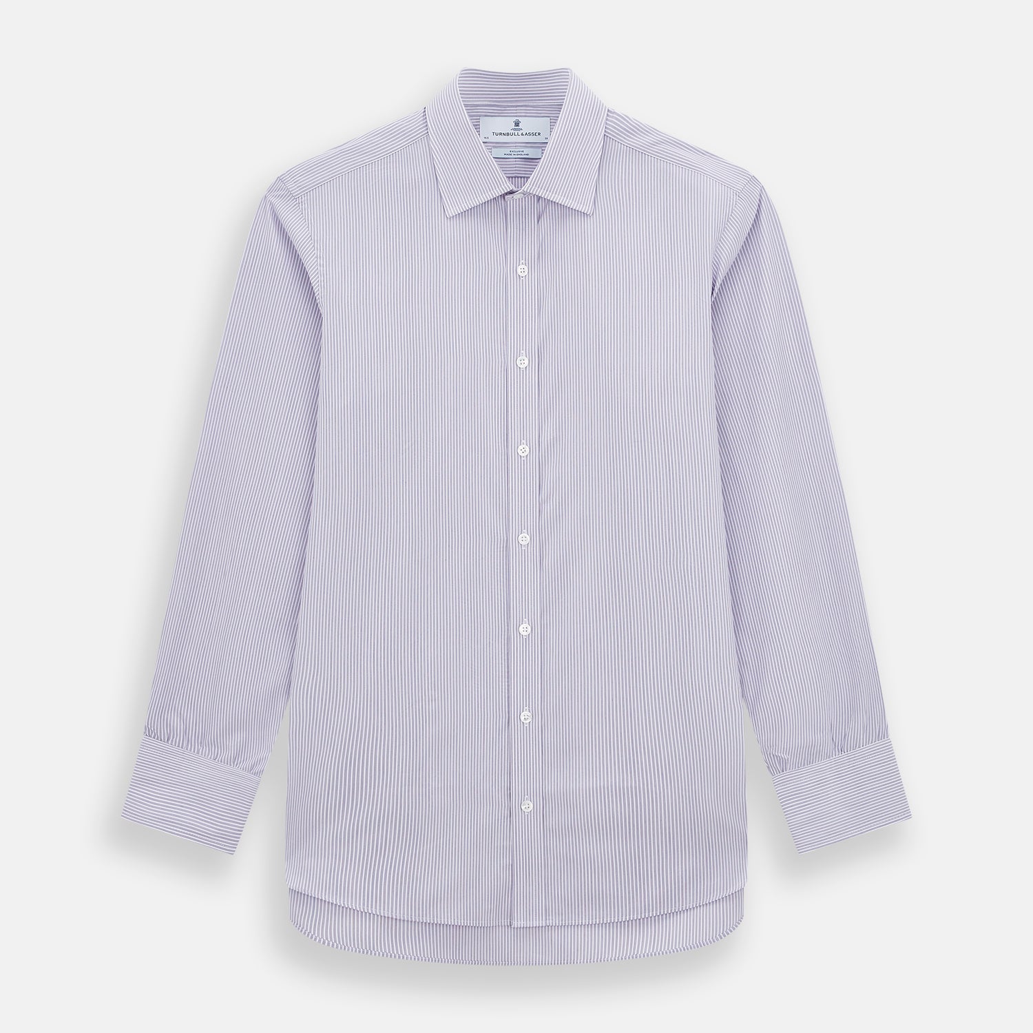 View 1 of product The Lilac Halo Stripe Mayfair Shirt by Turnbull & Asser features a relaxed Mayfair fit, white buttons, a pointed collar, and a subtle lilac stripe pattern for timeless sophistication.