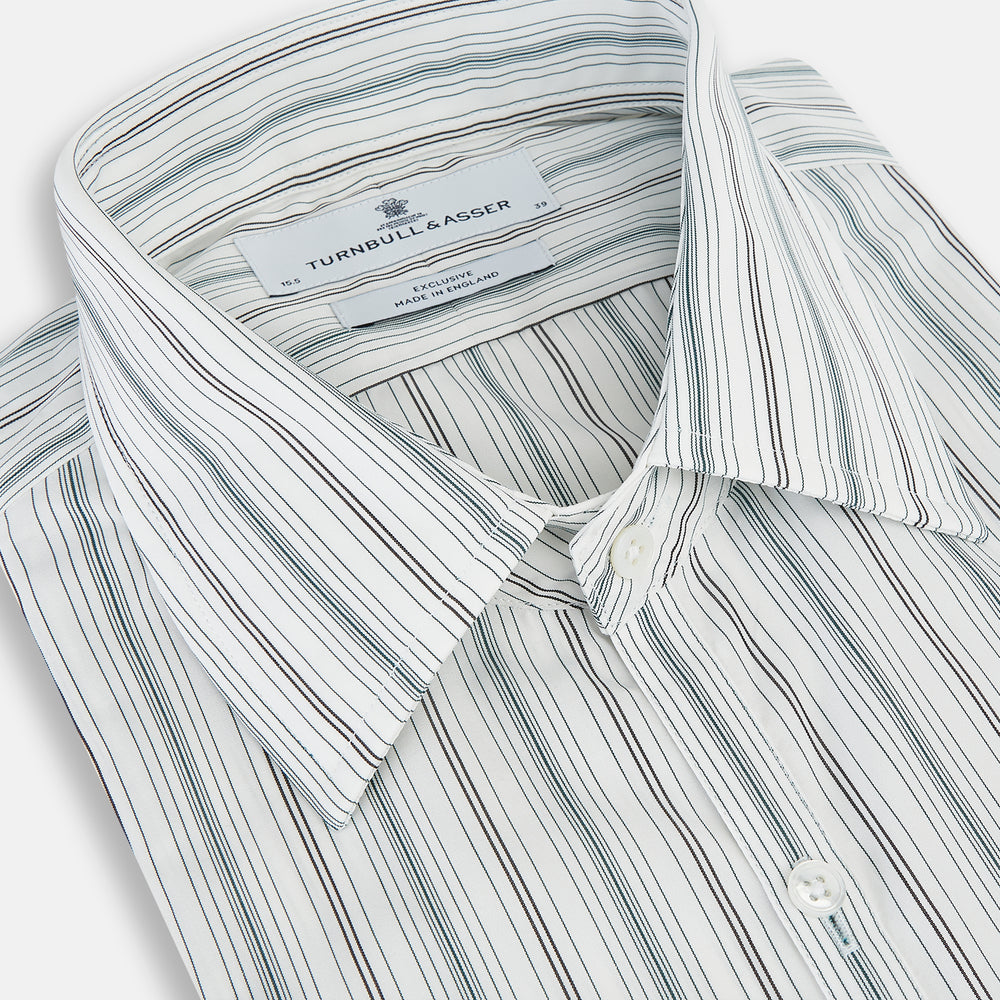 A Forest Green Multi Stripe Westminster Shirt by Turnbull & Asser, featuring thin green stripes on white and expert British craftsmanship, is neatly laid flat with visible cuffs.