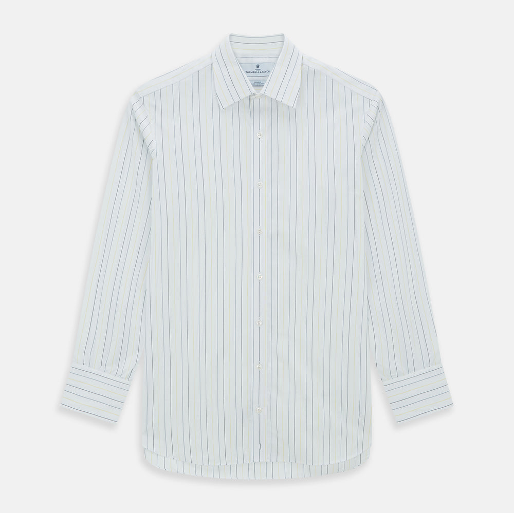 The Navy and Yellow Wide Pinstripe Mayfair Shirt by Turnbull & Asser is a long-sleeve, button-up shirt with wide navy and yellow pinstripes, a collar, and buttoned cuffs, laid flat on a white surface.