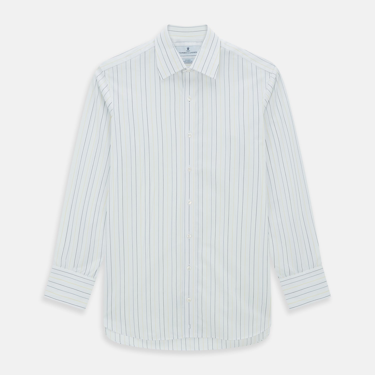 View 1 of product The Navy and Yellow Wide Pinstripe Mayfair Shirt by Turnbull & Asser is a long-sleeve, button-up shirt with wide navy and yellow pinstripes, a collar, and buttoned cuffs, laid flat on a white surface.