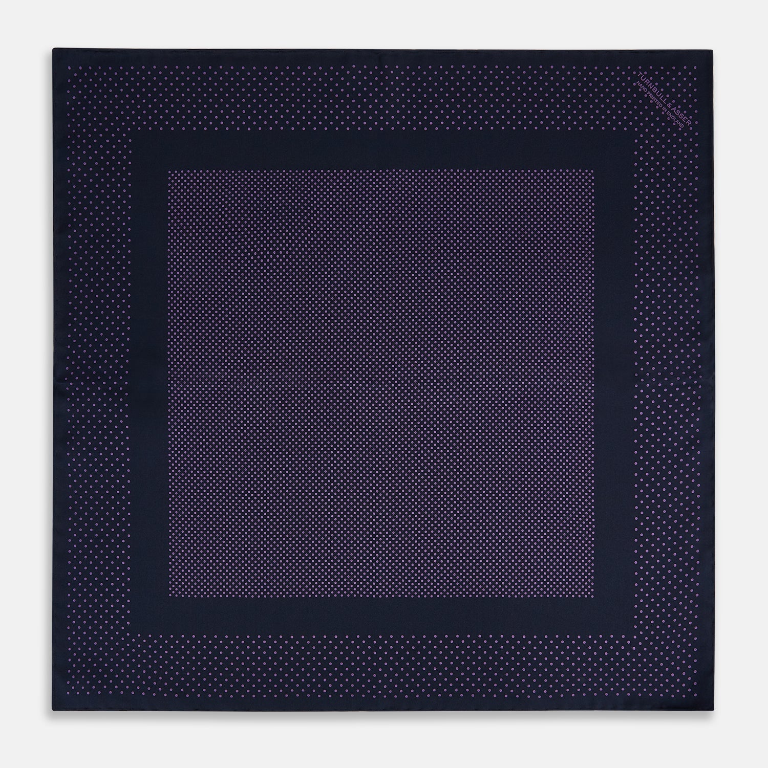 View 4 of product The Turnbull & Asser Navy and Purple Dot Silk Pocket Square features a stylish dot pattern—ideal for adding a refined touch to your look.