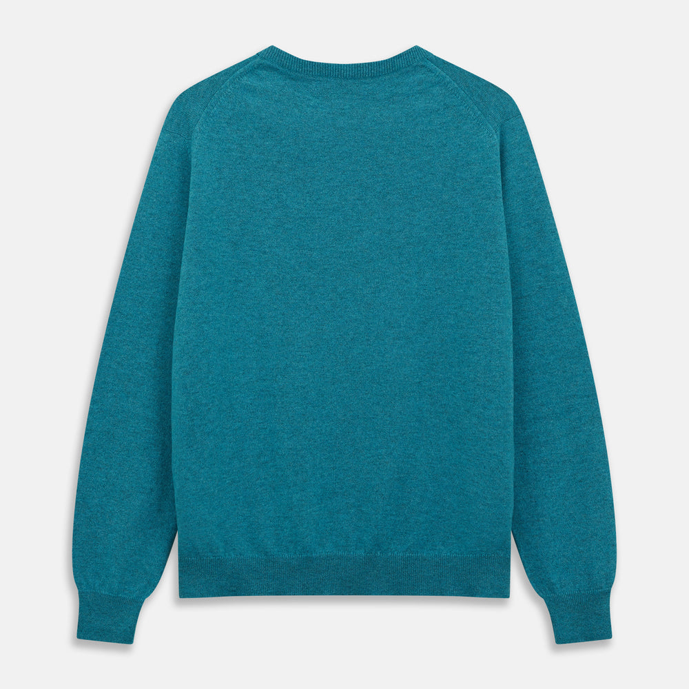 The Teal Glenn Crew Neck Jumper by Turnbull & Asser is shown against a white background, featuring a classic long-sleeve design with ribbed cuffs, collar, and hem.