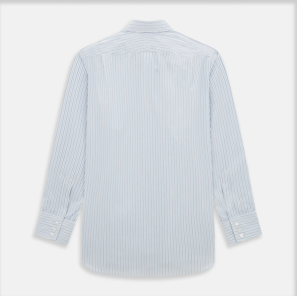 The Turnbull & Asser Navy and Blue Shadow Stripe Mayfair Shirt, featuring a classic T&A collar and buttoned cuffs, is laid flat on a white background.