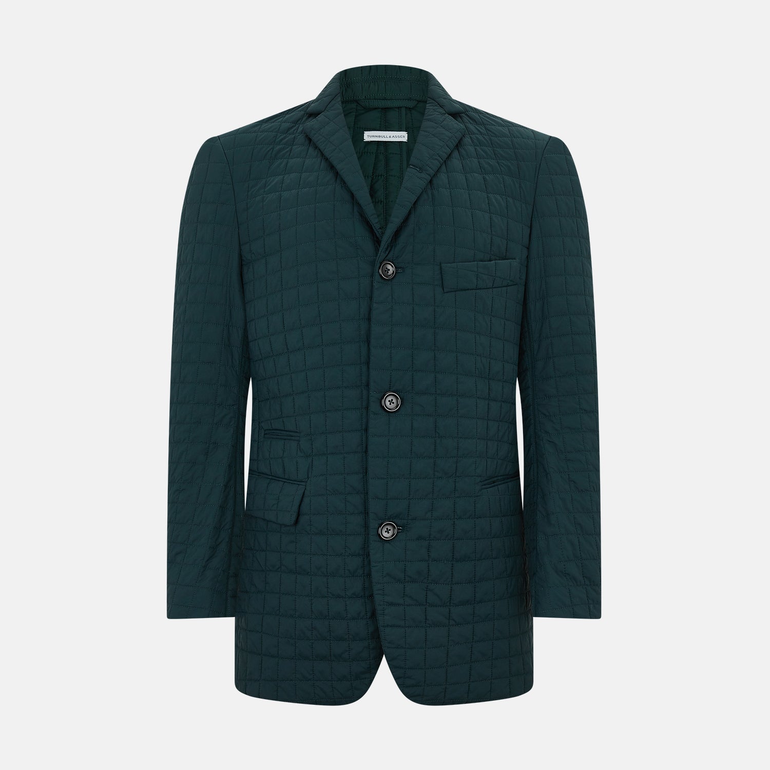View 1 of product The Turnbull & Asser Fulham Forest Green Single-Breasted Quilted Blazer features a three-button front, notched lapels, chest pocket, and two front flap pockets—an elegant choice for the modern gentleman on a plain white background.
