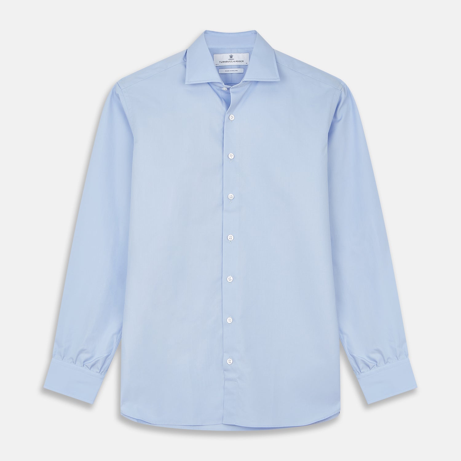 View 1 of product Turnbull & Asser's Tailored Fit Blue Cotton Shirt features a Kent collar, 3-button cuffs, and a clean design—ideal with a navy suit. Displayed on a plain white background.