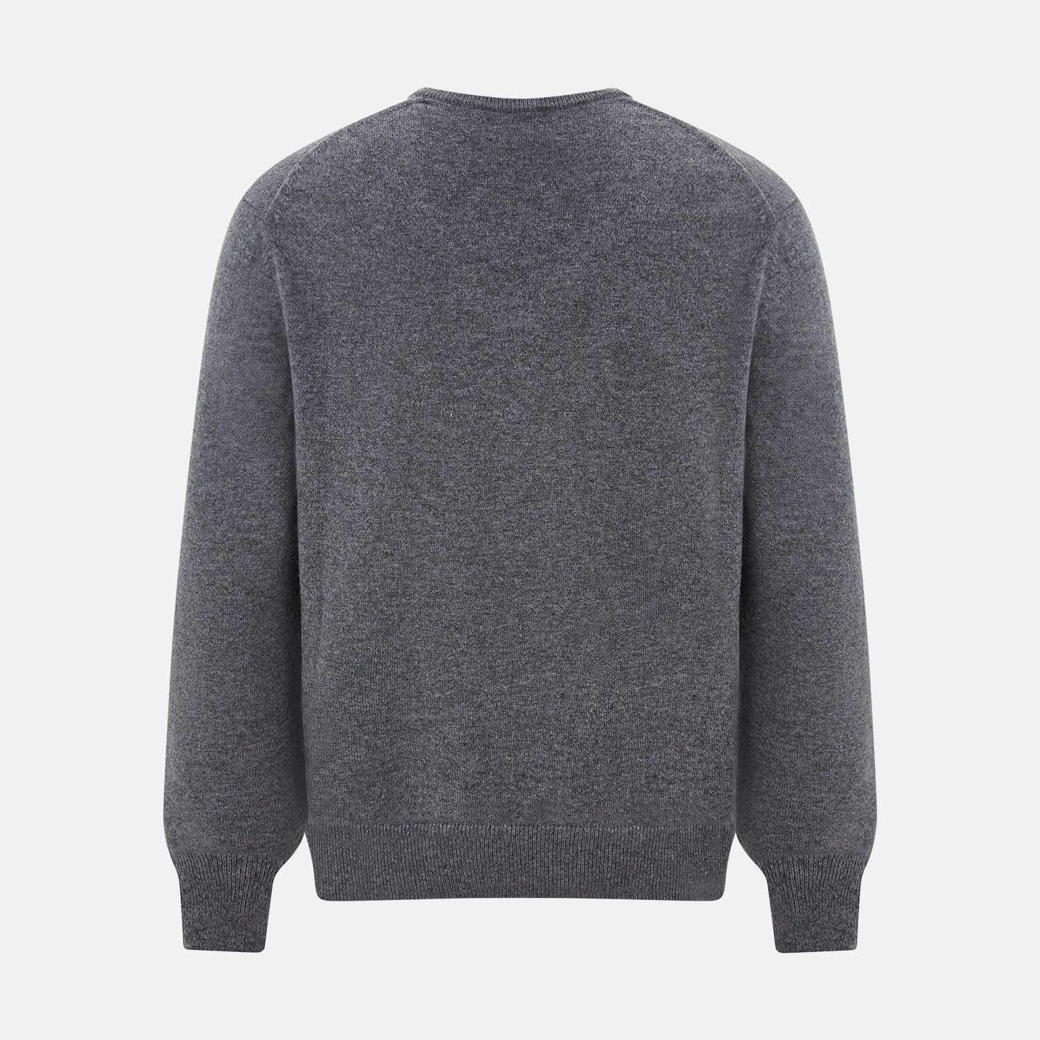 View 3 of product The Turnbull & Asser Storm Grey Cashmere V-neck Jumper features long sleeves, ribbed cuffs and hem—versatile knitwear shown on a white backdrop.