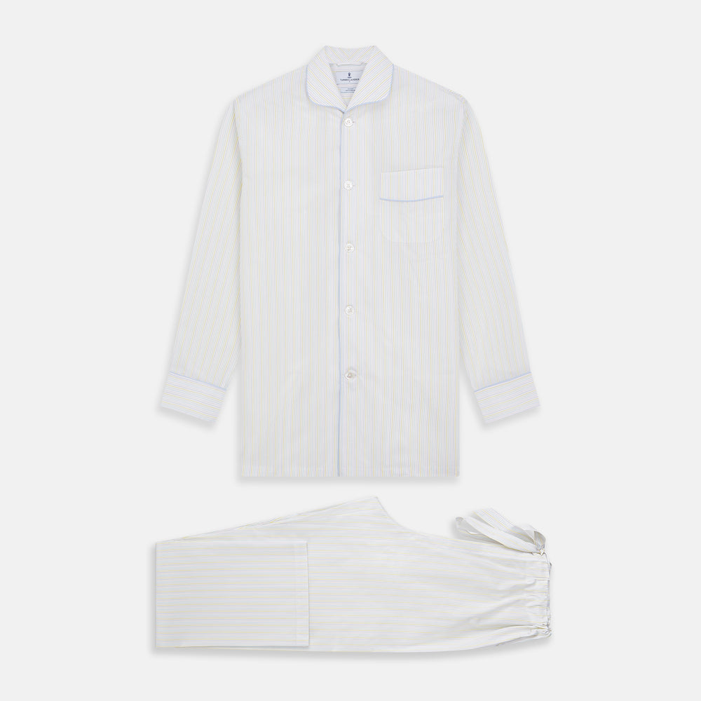 The Yellow Multi Stripe Cotton Quin Pyjama Set by Turnbull & Asser features a striped button-up top with chest pocket and drawstring pants—luxury sleepwear crafted from soft cotton, displayed on a white background.
