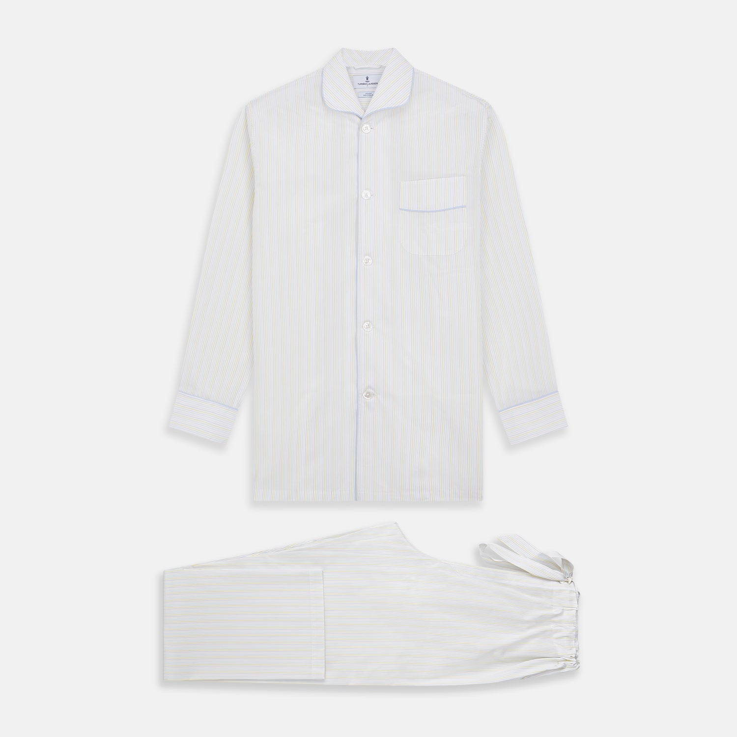 View 1 of product The Yellow Multi Stripe Cotton Quin Pyjama Set by Turnbull & Asser features a striped button-up top with chest pocket and drawstring pants—luxury sleepwear crafted from soft cotton, displayed on a white background.